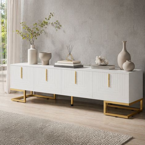 Meuble TV 170 x 40 x 45,5 cm blanc en panneaux de particules, 4 portes avec rangements, pieds métal doré réglables et charnières amorties – de FLORAGRACE (1/5)