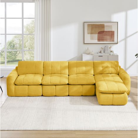 Divano modulare angolare 334x160x68 cm, con pouf, seduta ampia e profonda, senza montaggio, chenille giallo (1/5)