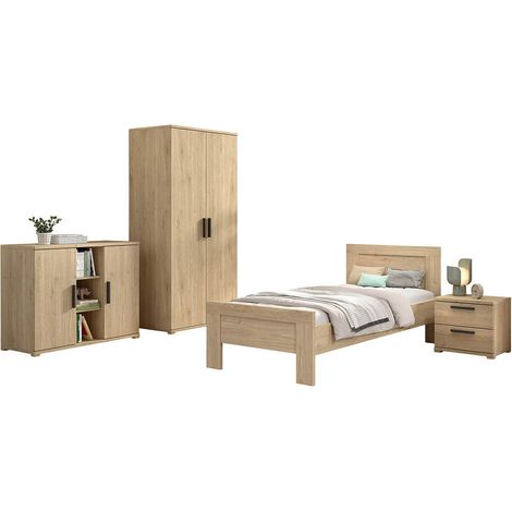 MARCO - Chambre Enfant Complète Lit 90x200cm Chevet Armoire 2P et Commode Aspect Chêne