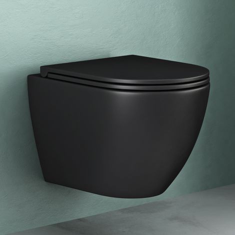Mai & Mai Sanitari Bagno Sospeso 37x49x36cm, Sanitari Bagno in Ceramica Aachen179 Soft Close Bianco in Ceramica Vaso Montaggio a Parete, Nero Opaco (1/5)