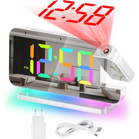 1 Réveil avec projection,Horloge Miroir LED 7,4",Projecteur rotatif 180°,Affichage RVB 11 couleurs,Veilleuse 10 modes (1/5)