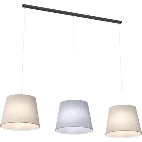 Lampadario A 3 Luci Epoca Con Paralumi In Tessuto Beige E Grigio