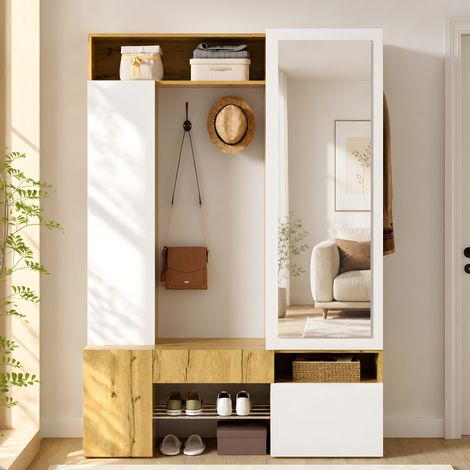 Meuble d'entrée avec miroir, penderie et rangement à chaussures en MDF blanc et naturel DESVIAE (1/5)