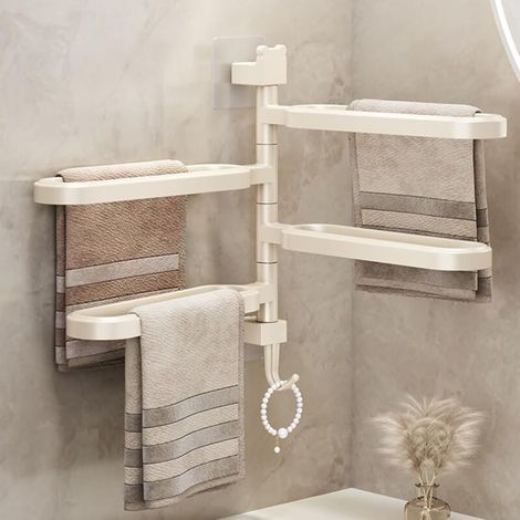 Porte-serviettes pivotant, porte-serviettes autocollant en ABS avec crochets pour salle de bain cuisine, quatre bras beige (1/4)