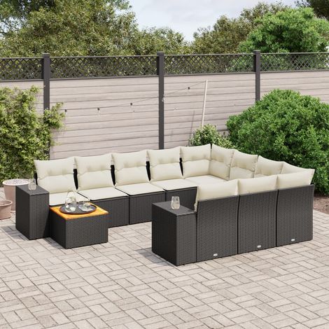 Salon de Jardin 11 Pièces Noir Résine Tressée avec Table Acacia et Coussins Crème - Ensemble Modulaire Jardin (1/5)