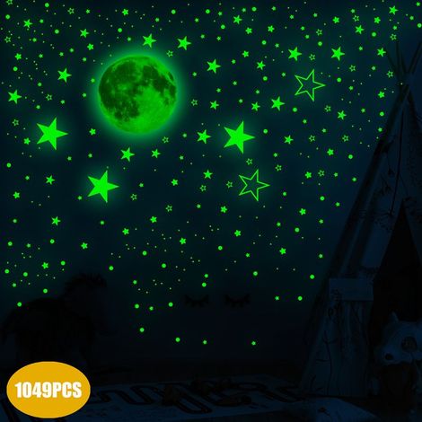 1049 Pièces Autocollants Lumineux Lumineuses Stickers Murals Stickers Muraux Enfants Lune Etoiles Phosphorescente Autocollant Mural Bebe Garcon Fille Enfant Chambres Plafond Décoration(vert)-Ensoleill (1/5)