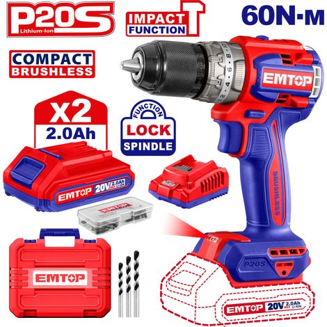 Perceuse visseuse sans fil EMTOP 20V Lithium-ion compacte sans balais avec 2 batterie 2,0 Ah+1 chargeur+47 accessoires + 3 forets à maçonnerie (1/5)