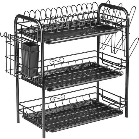 3-stöckiger, rostfreier Geschirrtrockner aus Kohlenstoffstahl, multifunktionaler Organizer mit Abtropffläche, Haken und Besteckhalter (1/5)