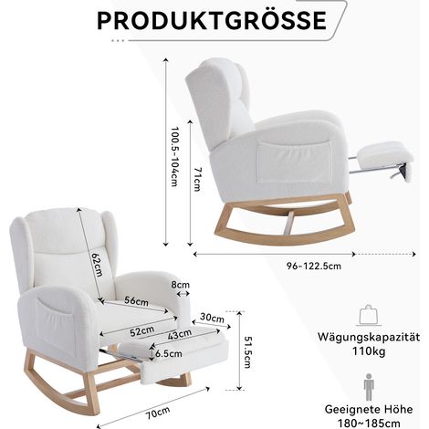 Fauteuil à bascule 049C d’allaitement et de salon, bois, repose-pieds réglable, dossier haut, tissu peluche, poche, blanc W2087P311456
