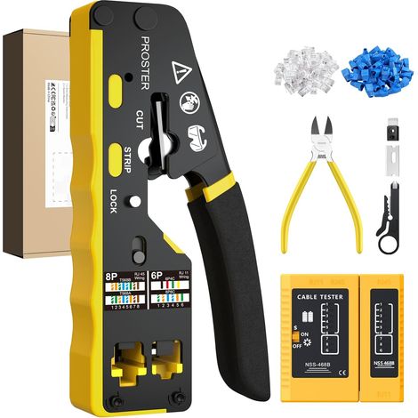 Proster RJ45 RJ11 Through Cat6 Crimping Pliers with Ethernet Cable Tester - Network Clamp Kit, RJ45 Pass Through Crimping Tool for Network and Telephone Installation Network Clamp Kit with 50 CAT6 Co (1/5)
