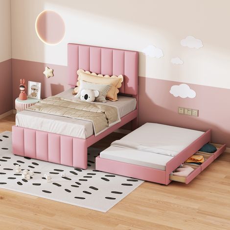 Lit capitonné 90x200 cm avec tiroirs intégrés et couchage supplémentaire, housse en lin doux, literie simple pour enfant et ado, lit invité rose (1/5)