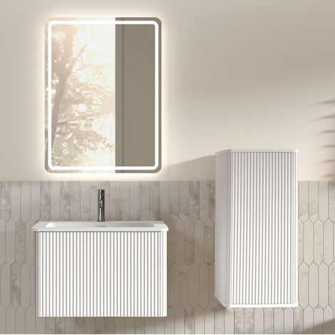 Mobile bagno con specchio LED, mobile lavabo sospeso 60 cm e colonna, bianco HAVRYA (1/5)
