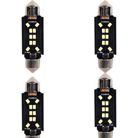 4 Pezzi Lampada Led Siluro 41mm Canbus T11 SV8.5 C5W C10W 10 SMD 2016 12V 24V 2.5W 380lm Bianco 6500K per Auto e Camion