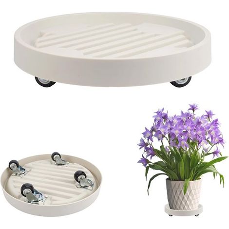 Jardinière sur roulettes - Support à plantes rond et mobile - Chariot à plantes - Roues rondes en plastique - Base amovible - Convient pour une utilisation intérieure et extérieure - Blanc (1/5)
