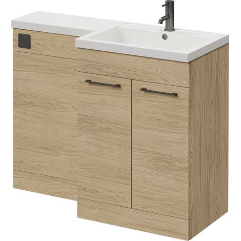 Napoli 460 Light Oak 1100mm 2 Door Vanity Unit Toilet Suite with Right Hand Square Lucia Basin - 1100mm - Gunmetal Grey 160mm HandleWithout Kingston Toilet Pan