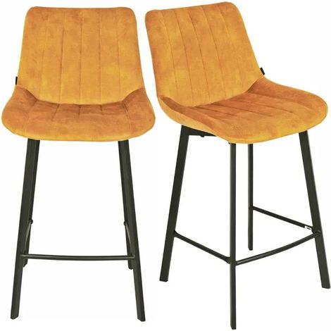 Lot 2 tabourets de bar en velours jaune et pieds métal noir – NANY 2 (1/5)