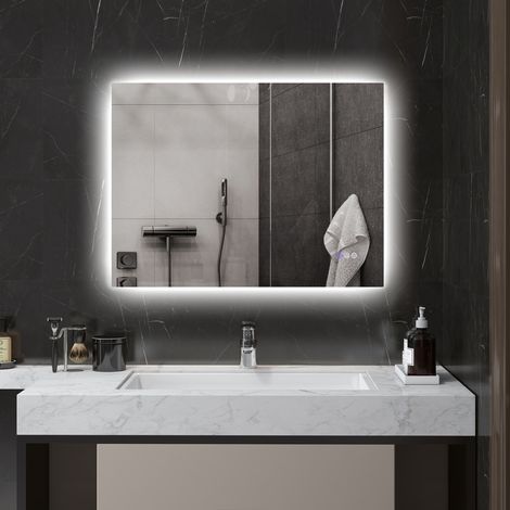 Mirroir de Salle de Bain Antibuée avec Luminosité et Couleur Réglables, en Verre et Alliage d'Aluminium, 80x60x4 cm (1/5)