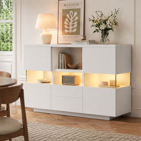 Credenza in legno ingegnerizzato bianco 140 x 35 x 75 cm, design a doppio livello con cassetti e vetrina