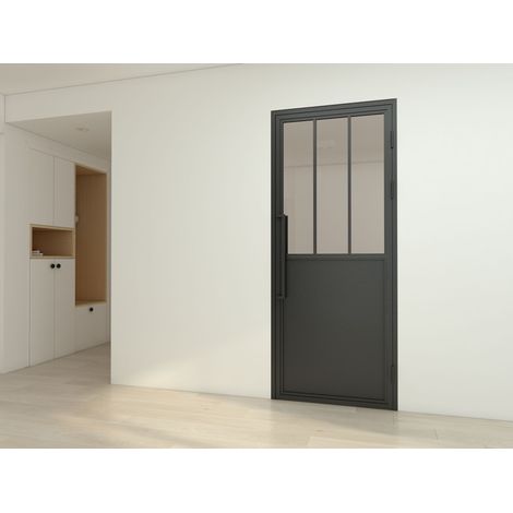 Porte verrière intérieure 83 x 204 cm, bloc porte Loft, verre transparent, style atelier soubassement noir, ouverture tirant droite