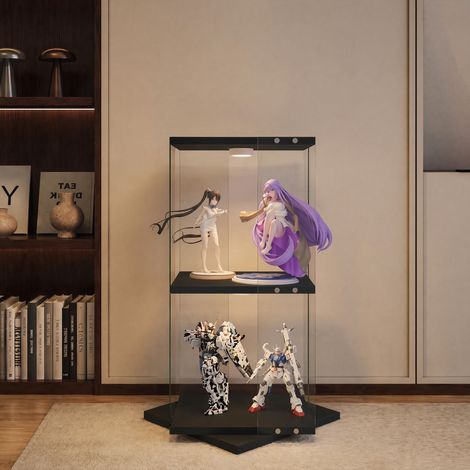 Vitrine pour collection en verre à 2 niveaux, rotative à 360°, lumière LED RVB, style moderne pour salon et bureau, Noir (1/5)