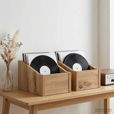 Irovami Boîte artisanale en chêne pour disques vinyle (2 pièces), 18 x 32 x 18 cm (1/5)