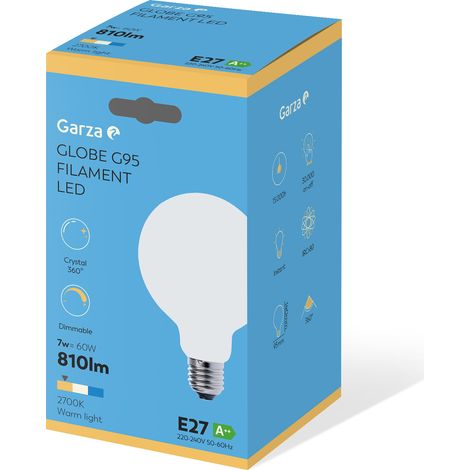 Bombilla LED filamento largo Opal Globo G95 7W 806 lumenes equivalente a 60W. E27. 360º. Luz cálida (1/2)
