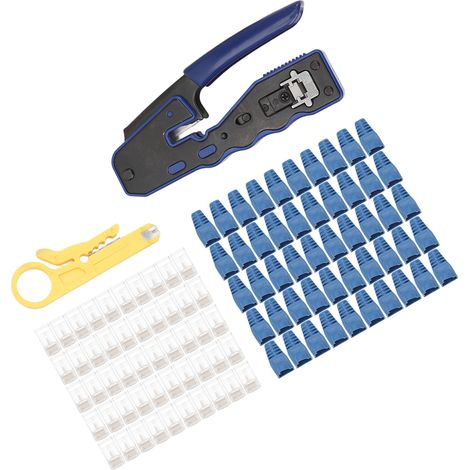 Ce kit de sertissage RJ45 est conçu pour les connecteurs droits Cat5, Cat5e, Cat6 et Cat6a. Il comprend 50 connecteurs Cat6, 50 manchons de connexion et une pince à dénuder. (1/5)