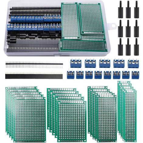 75 Pièces Circuit Imprimé Double Face Kit, 20 Pièces Double Face PCB Prototype Boards, 20 Pièces Fiches Mâle/Femelle, 15 Pièces 2/3 Broches Bornier à Visser, 20 Pièces Colonne en Nylon (1/5)