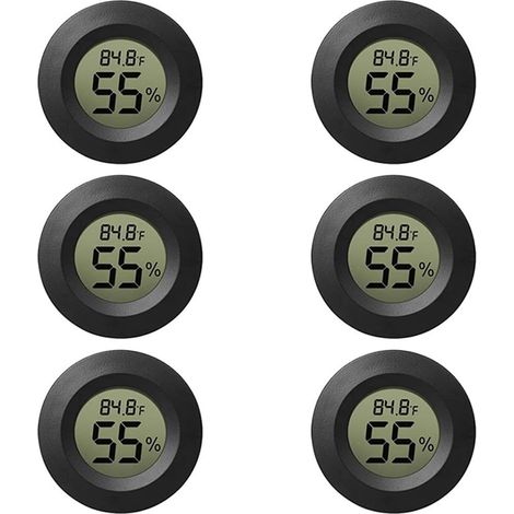 Lot de 6 thermohygromètres numériques LCD rond intégré moniteur température humidité en acrylique pour terrarium reptiles chambre de culture voiture serre couleur noir (1/5)