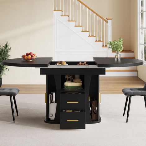 Table Ronde Extensible 118/158cm - Mécanisme Télescopique - Rangement Intégré - Plateau MDF Épais - Pieds Élégants - Capacité 75kg - Pour 6 Personnes - Noir (1/5)