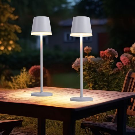 Solarleuchte LED Tischlampe Außenleuchte Gartenleuchte Terrassenlampe, Metall weiß Kunststoff satiniert, spritzwassergeschützt Akku, 50Lm, 2er Set