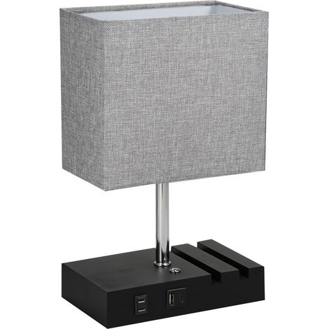 Lampe de chevet Neoglint avec chargeur sans fil 10W, variateur tactile, ports USB A+C et prise secteur, abat-jour en tissu gris (1/5)