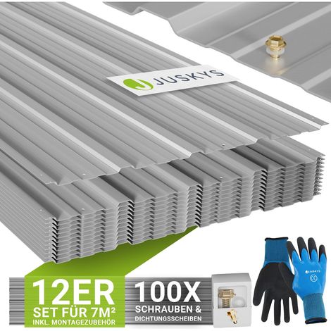 JUSKYS® Profilblech Grau - 12er Set, Verzinkter Stahl, UV-beständig, hohe Tragfähigkeit, mit vorgebohrten Löchern, 129x45 cm, 0,23 mm (1/5)