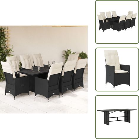 9-tlg. Garten-Essgruppe mit Kissen Schwarz Poly Rattan - Gartensessel - Gartenmöbel - Lounge Set - Outdoor Möbel - Rattan Sessel