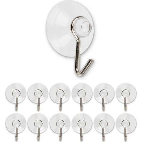 12 x Crochets à ventouses, Diamètre Ø 20 mm, Transparents, Avec crochet métallique pour salle de bain, cuisine, carrelage mural, verre, miroir, Usage universel, Sans perçage ni collage, 12 x Ventouse (1/5)