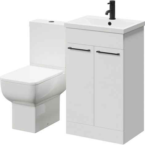 Alessio Gloss White 500mm Vanity Unit and Toilet Suite including Open Back Toilet and Floor Standing Vanity Unit with 2 Doors and Matt Black Handles (1/5)