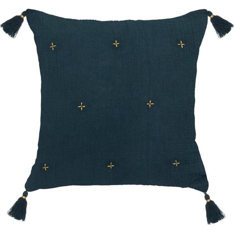 Coussin Déco à Pompons "Millo" 40x40cm Bleu Pétrole