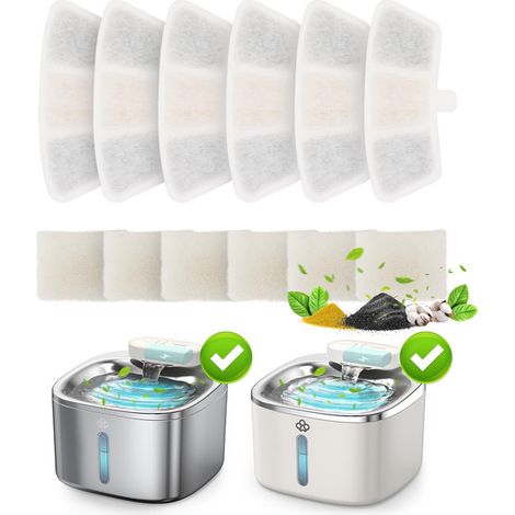 Lot de 6 Filtres de Remplacement pour Fontaine à Eau pour Chat et Chien, Charbon Actif avec Mousses de Pompe