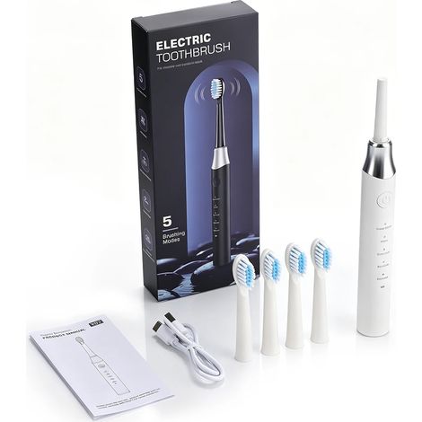 Brosse à dents électrique (blanche) (soin des gencives sensibles), rechargeable par USB, étanche, 5 modes (1/5)