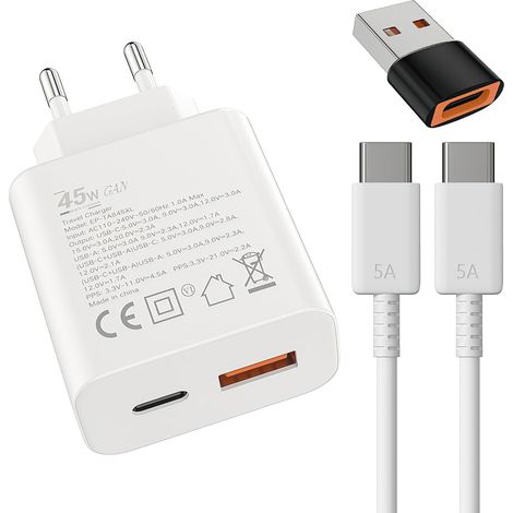 45W Chargeur USB C 18W USB A Adaptateur,pour：S25/S24/S23/S22/S21/S20/+/Note 20/10/9/8/A73/A53/S10/S9,17/16/15/Pro/Pro Max/Plus,iPad,Moto,Chargeur Rapide,et 2M Câble (1/5)
