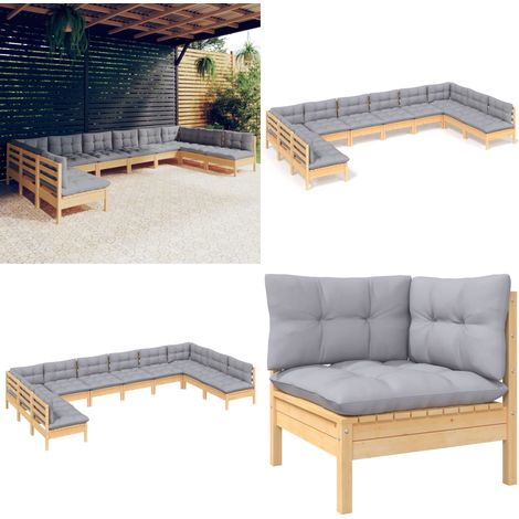 Salon de jardin 10 pcs avec coussins gris bois de pin solide - salon de jardin - salons de jardin - Home & Living (1/5)