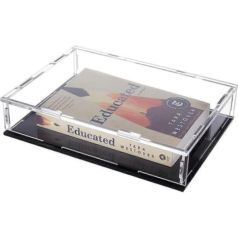 Vitrine en acrylique transparent pour livres, 26 x 4,3 x 5,3 cm, avec fond noir et couvercle transparent. (1/5)