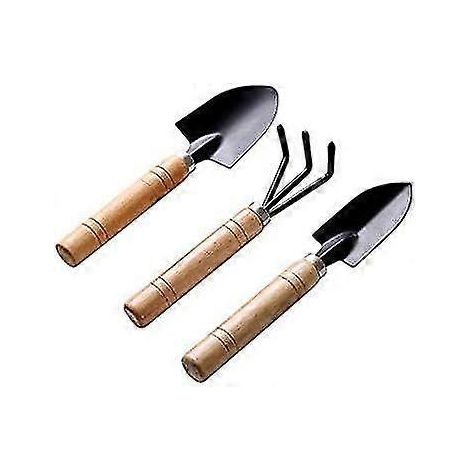 Ensemble de 3 mini outils de jardinage noirs : pelle, râteau, bêche, pince pour plantes succulentes en pot, avec manches en bois. (1/4)