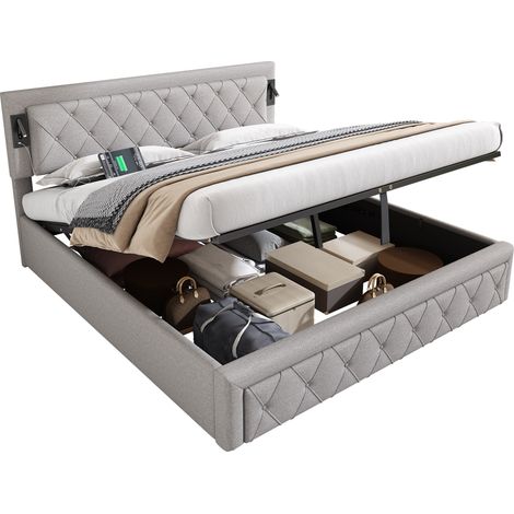 Lit rembourré 180200, avec éclairage intégré et port USB, avec sommier à lattes et tête de lit à bandes losanges, lit de rangement hydraulique, lit double, sommier à lattes en bois, lin, gris (1/5)