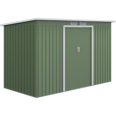 Abri de jardin Outsunny, abri à outils avec porte coulissante, fenêtre d'aération, toit pentu, extérieur, acier, vert clair, 280 x 130 x 172 cm (1/5)