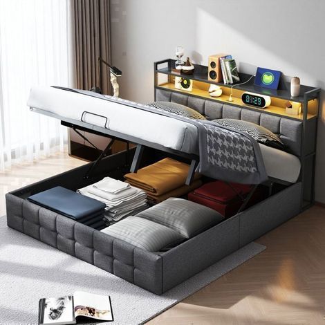 Bett 140x200 cm, HGY, USB-Anschluss, dimmbares LED, Leinenstoff, Doppelbettgestell 140x200 cm, grau