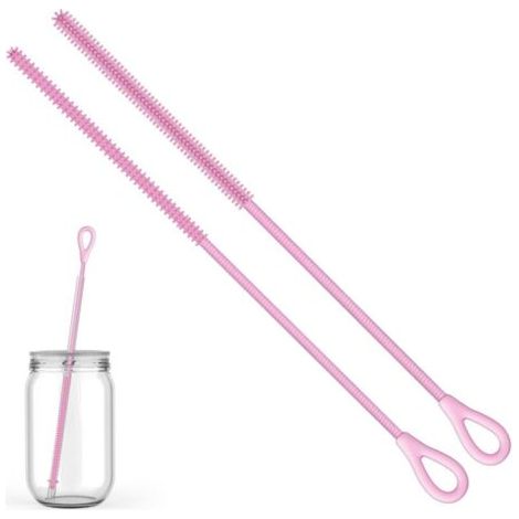 Pair Lot de 2 brosses à paille en silicone, avec trou de suspension, flexibles, réutilisables, pour métal, verre, pailles à smoothie, biberons, 6 mm + 9 mm (rose) (1/5)