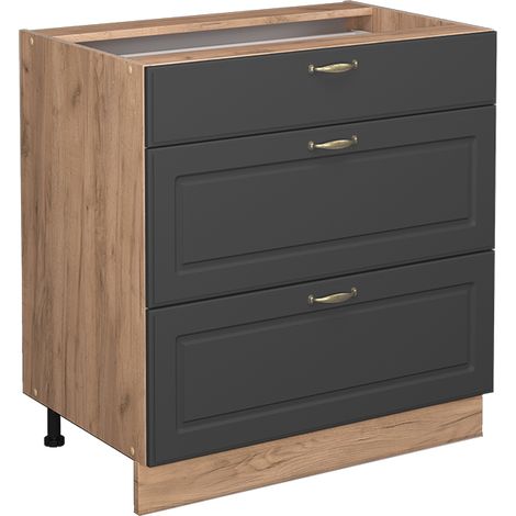Mobiletto base per cucina Fame-Line, Antracite-oro, 80 cm con 3 cassetti, senza piano di lavoro, Vicco