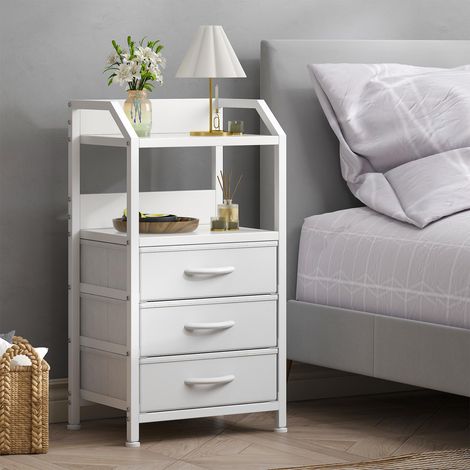 Comodino con 3 cassetti in tessuto e ripiano aperto, piano in legno e struttura in metallo, tavolino per spazi ridotti, bianco (1/5)