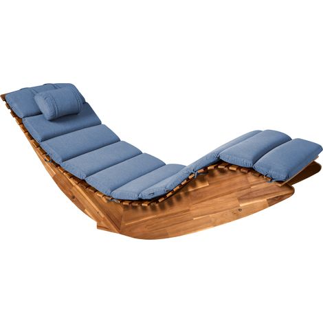 Tumbona de jardín para exterior con balancín de madera de acacia marrón con cojín de tela resistente a los rayos UV e impermeable azul Brescia Premium